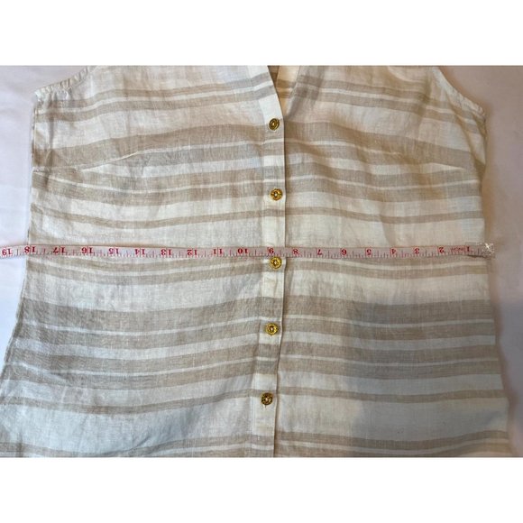 Ellen Tracy Womens 100% Linen Button-Up Shirt Top Sleeveless Tan White SZ Small - Picture 5 of 8
